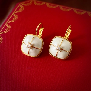 French Vintage Square Hoop Earrings Gold Plated Copper Enamel Zircon Starburst Elegant Jewelry With Steel Earring Post