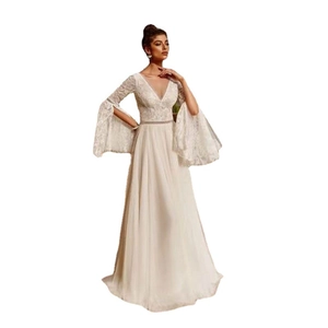 Elegant A-line wedding dress featuring bell sleeves and V-neck lace embroidery bodice