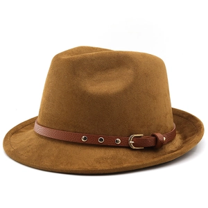 Classic brown suede fedora hat with a leather strap and silver metal buckle accent