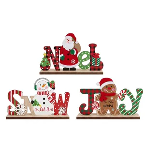 Three-piece Christmas wooden desk decor set featuring Santa, Snowman and Gingerbread Man characters