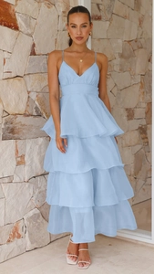 Detail of light blue multi-layer tiered cake dress with delicate straps and V-neckline