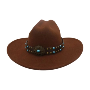 Vintage dark brown felt fedora hat featuring a turquoise beaded belt and floral buckle