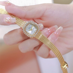 Elegant gold square dial watch with sparkling rhinestones and woven metal band for women