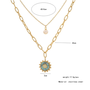 Detailed specs of double-layer stainless steel necklace with turquoise sunflower and pearl