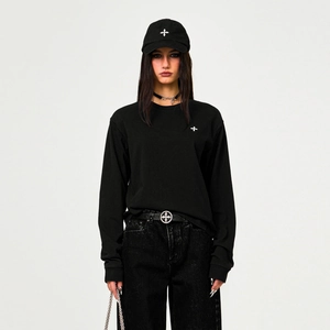 Women Cotton Sweatshirt Cross Embroidery Long Sleeve Crew Neck Loose Streetwear Pullover Top