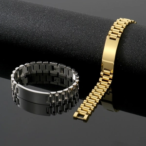 Polished gold and silver stainless steel watch-style bracelets with customizable center plates