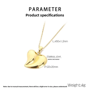 Detailed view of golden stainless steel heart pendant necklace with dimensions and specs