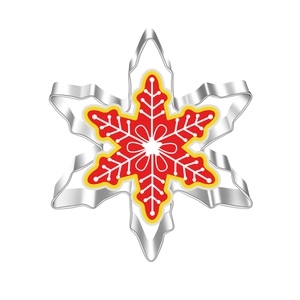 Detail view of a snowflake stainless steel cookie cutter with a colorful geometric inlay