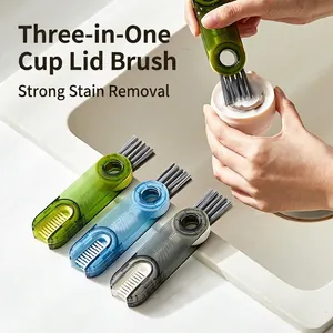 Multi-functional 3-in-1 cup lid cleaning brush set for narrow bottle gaps and nozzles