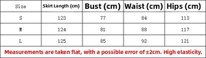 Size chart showing dress length, bust, waist, and hip measurements for summer maxi dress