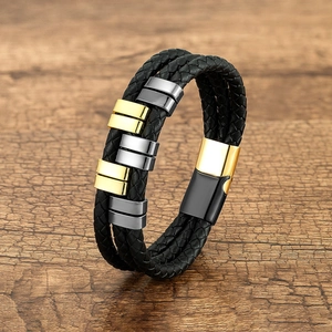 Men's multilayer black braided leather bracelet with gold and black magnetic metal clasp