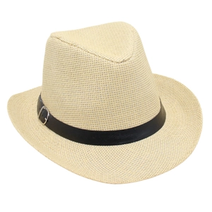 Stylish beige straw fedora hat with a black leather band and silver buckle detail