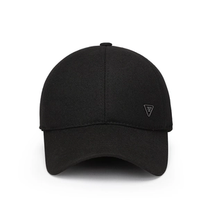 Mens thick wool baseball cap in black with a stylish triangular metal fashion badge
