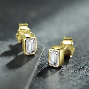 Elegant gold plated S925 sterling silver studs with rectangular bezel-set cubic zirconia