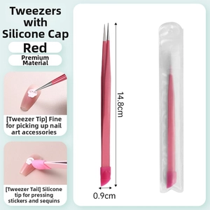 Detail view of dual-ended nail art tweezers with silicone press head and fine tips