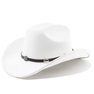 Detail of white western cowboy hat featuring black leather band and metal flower studs