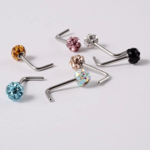 Set of stainless steel L-shaped nose studs with colorful sparkling crystal pavé balls