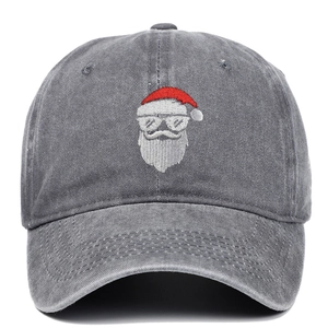 Distressed dark grey washed baseball cap with Santa Claus embroidery for outdoor sports