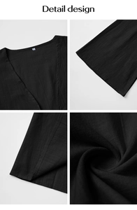 Detail design of black linen-texture cardigan showing S size label and seam stitching