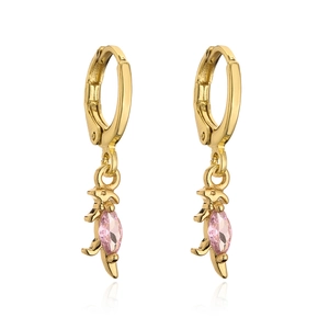 Detailed close-up of golden sea turtle earrings with pink marquise zircon stones