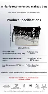 Detail of piano notes canvas pouch with 17x25cm size specs and textile texture