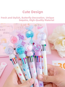 Close-up of 10-in-1 butterfly shuttle pen with glitter sequins and colorful ballpoint tips