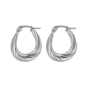 Polished silver twisted hoop earrings with ribbed texture for women in minimalist style