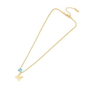 Golden twisted rope chain necklace with M-letter pendant and blue evil eye bead detail