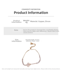 Detailed view of adjustable rose gold bracelet featuring zircon clover and sizing info