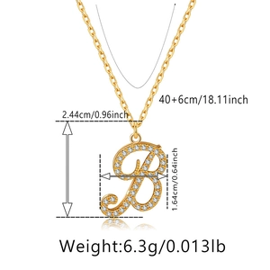 Detailed size view of a gold plated letter B pendant necklace with micro zircon inlay