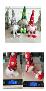 Detailed view of three festive knitted Christmas gnomes with striped hats and plush beards