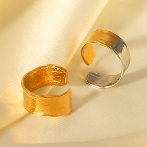 Textured 18K gold plated stainless steel open rings with unique hammered metal finish
