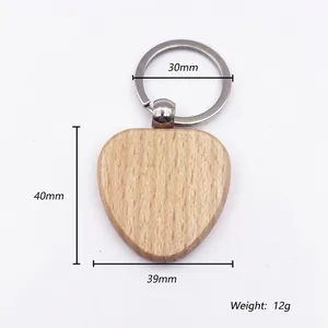 Detailed dimensions of heart-shaped wooden keychain with metal ring 40x39mm and 12g weight