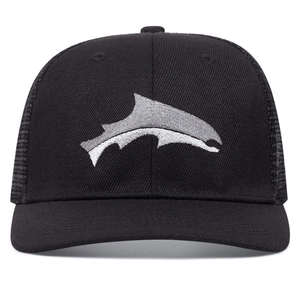 Cappello trucker nero classico con ricamo squalo grigio e pannello in rete traspirante