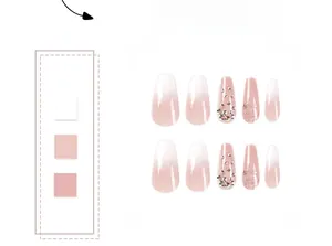 Macro view of pink white ombre press-on nails with sparkling rhinestones and glitter