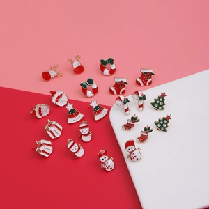 Christmas stud earring set featuring elk snowman and santa hat shapes in enamel alloy