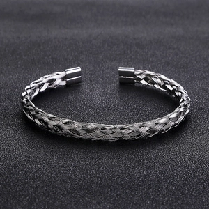 Waterproof silver woven mesh cuff bracelet in stainless steel with open ends