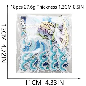 18pcs embroidered sea wave patches set in blue and green tones with size details
