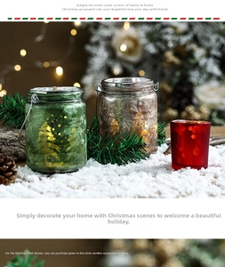 Vintage Christmas glass candle holder set with green, amber and red jars on snow base