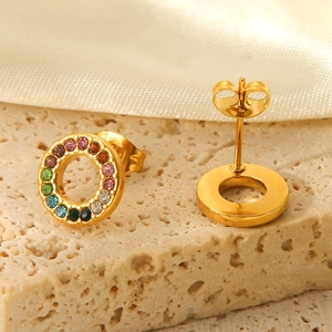 Round Rainbow Rhinestone Stud Earrings Stainless Steel 18K Gold Plated Geometric Elegant Jewelry Gift For Women