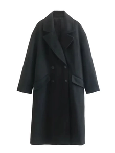 Close-up of black double-breasted wool coat featuring classic lapels and flap pockets