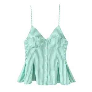 Camisole à fines rayures vertes avec poitrine plissée et boutons sur le devant