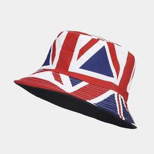 Detail of Union Jack printed bucket hat showing high-quality canvas fabric and stitching