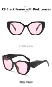 Detail view of cat eye sunglasses with C9 black thick frames and pink lenses