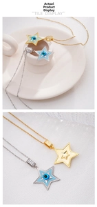 Detail of gold and silver star pendants featuring evil eye center and pave zircon inlay