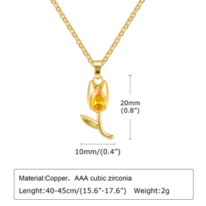 Detailed spec view of tulip pendant necklace with yellow zircon and 40-45cm copper chain