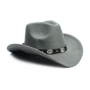 Classic gray wool western cowboy hat with studded leather band on white background