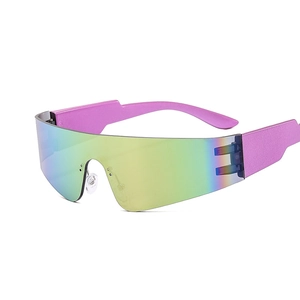 Futuristic rimless Y2K sports sunglasses with colorful gradient lenses and purple frames