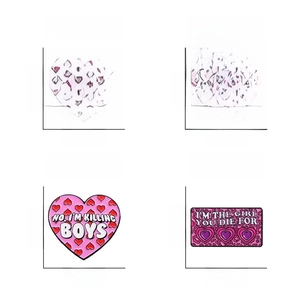 Vue macro de pins en émail rose assortis avec motifs de cœur et slogans pop culture