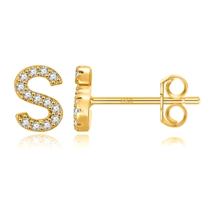 Macro shot of S925 sterling silver S-shaped stud earring with paved zircon and hallmark